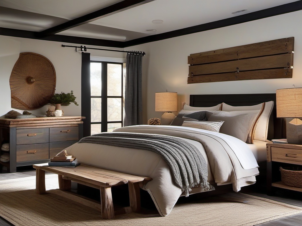 Modern Rustic bedroom blends comfortable furnishings with rustic wood accents and cozy textiles for a stylish yet inviting retreat.  