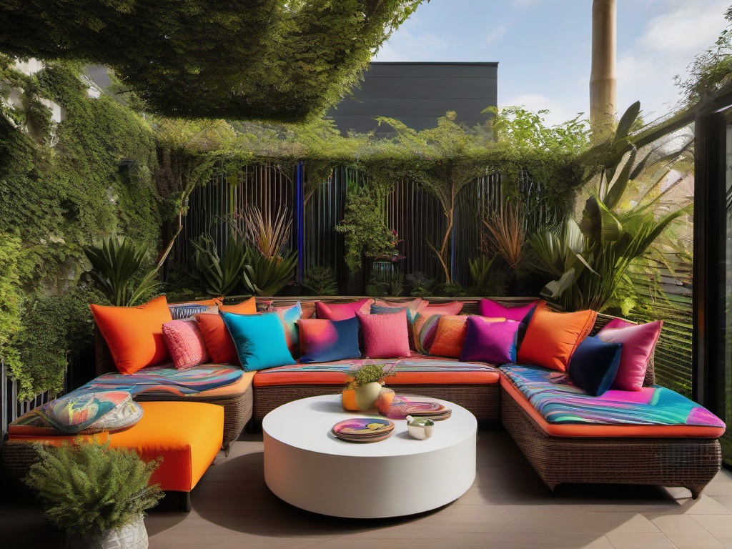 The terrace embraces psychedelic interior design with colorful outdoor cushions, playful decorations, and vibrant greenery, providing an exciting space for gatherings and enjoyment.  