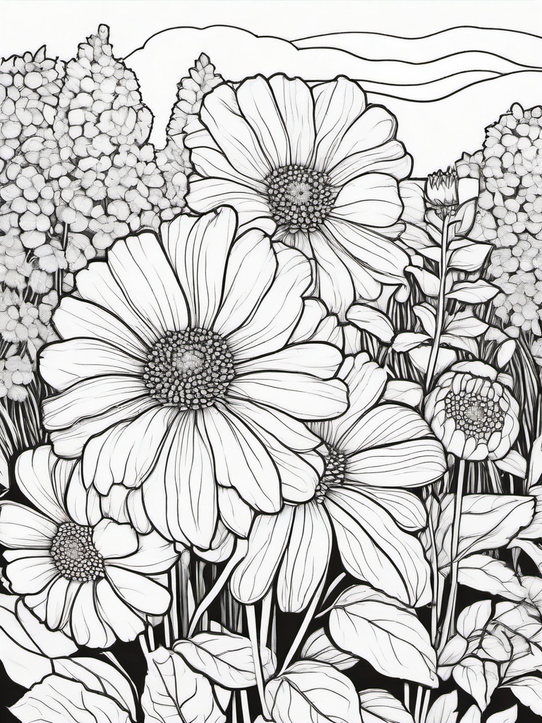 Tithonia coloring page sheet - Tithonia flowers lighting up a corner of a garden with warm orange.  black outline printable coloring page