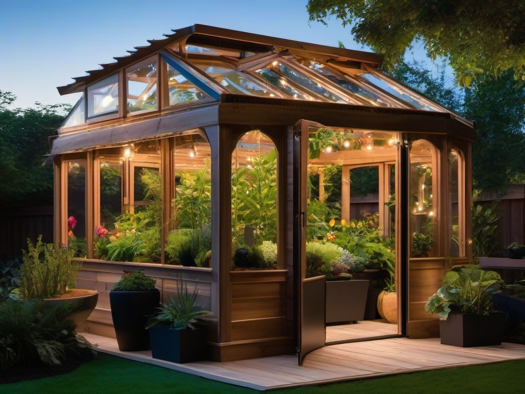 The greenhouse showcases cosmic chic interior design with natural wood structures, colorful planters, and ambient lighting that creates an uplifting environment for gardening and plant care.  