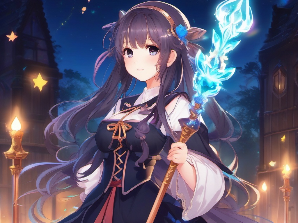 Kawaii anime girl with a magical staff.  front facing ,centered portrait shot, cute anime color style, pfp, full face visible