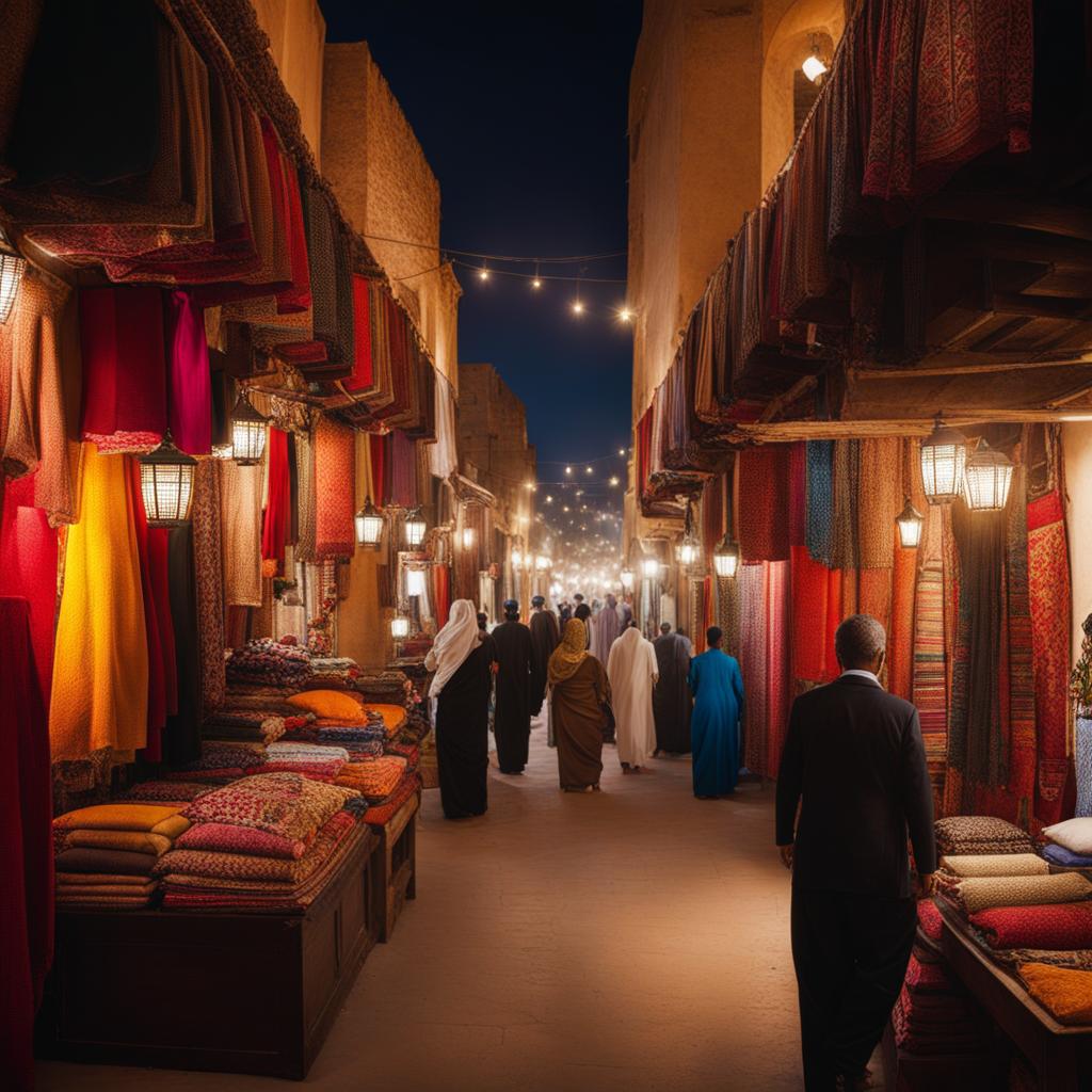 venture into a bustling souk, with narrow alleyways and a rich tapestry of textiles. 