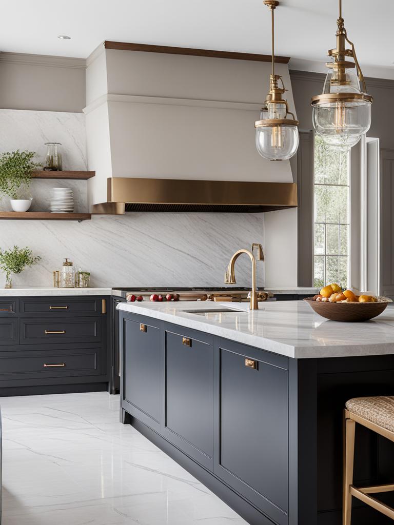 chic and elegant kitchen with marble countertops and a subway tile backsplash. 