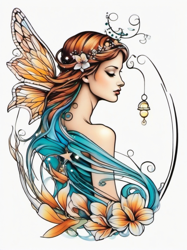 aquarius fairy tattoo  simple color tattoo style,white background