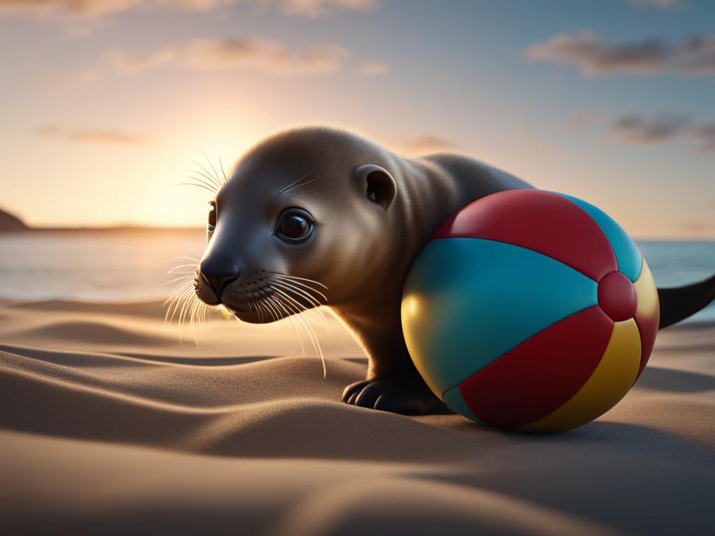 sea lion pup balancing a ball on its nose in a seaside circus 8k ultrarealistic cinematic 