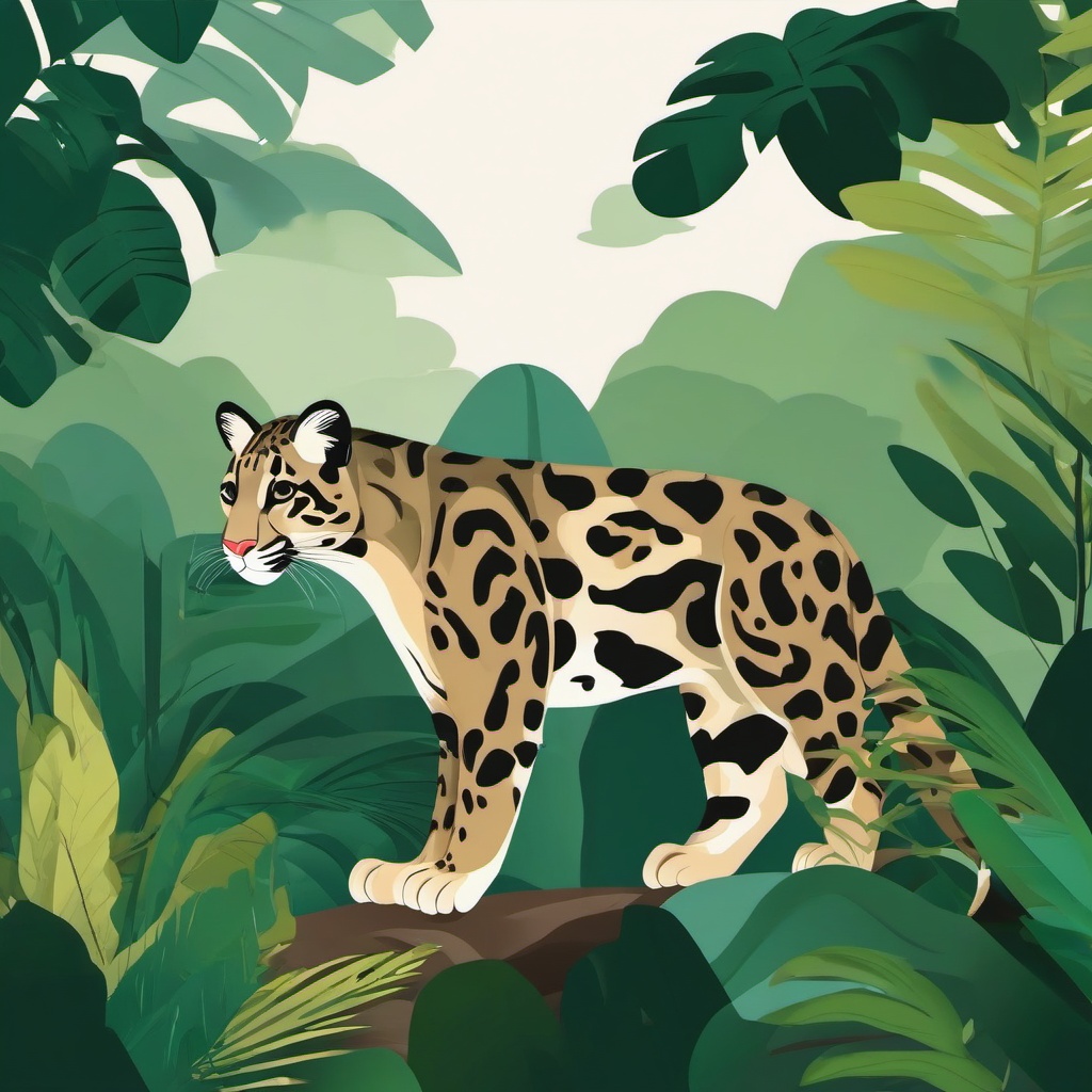 Clouded Leopard Clip Art - Clouded leopard in the rainforest,  color vector clipart, minimal style