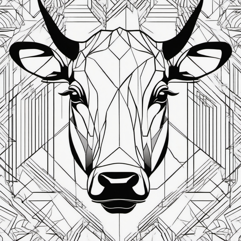 Geometric cow head ink: Modern allure, clean lines and patterns.  black and white tattoo style