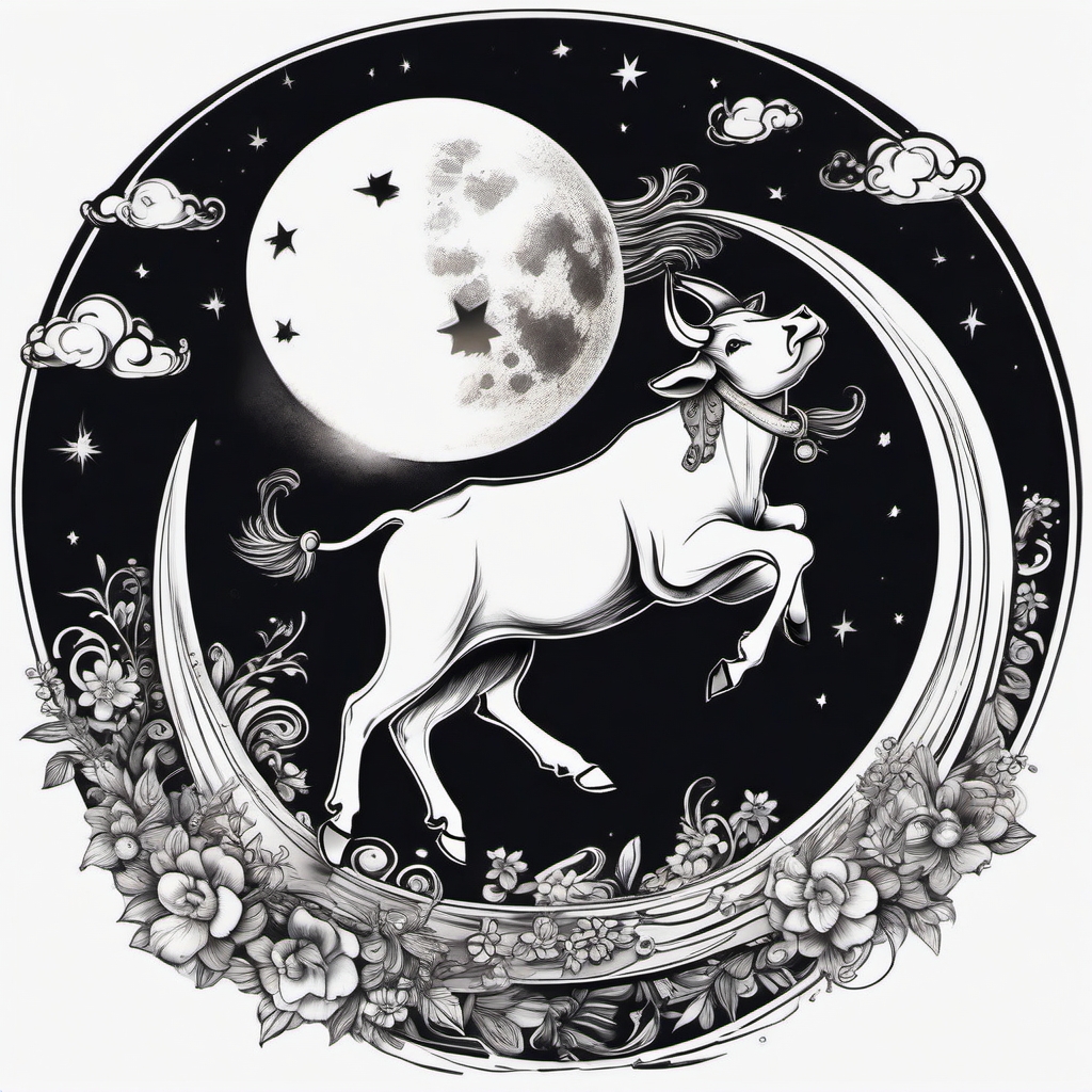 Playful cow jumping over moon ink: Whimsical fantasy, a touch of humor.  black and white tattoo style