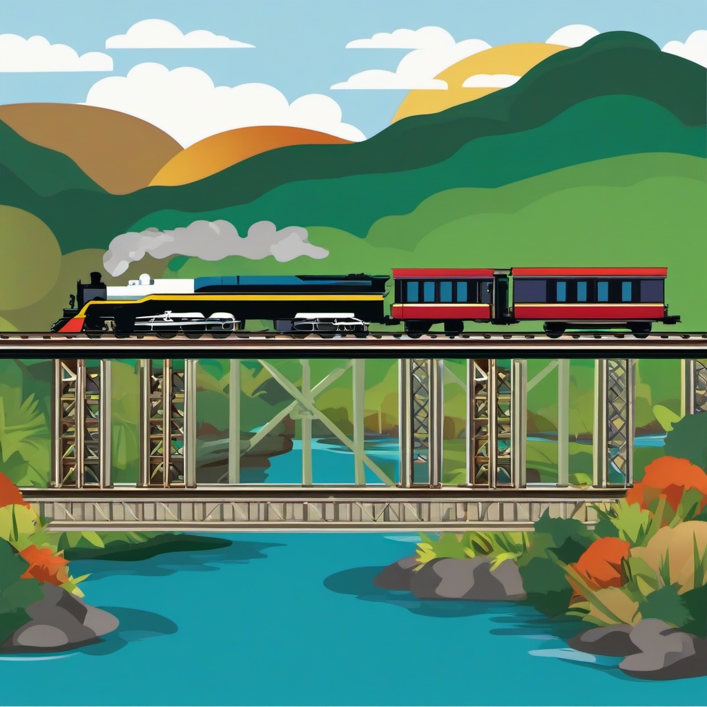 Train clipart - train crossing a bridge over water  