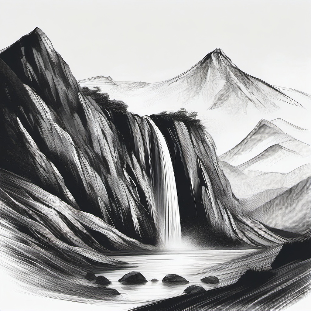 drawing of a mountain with a waterfall  minimal rough sketch scribbles,doodles,black and white