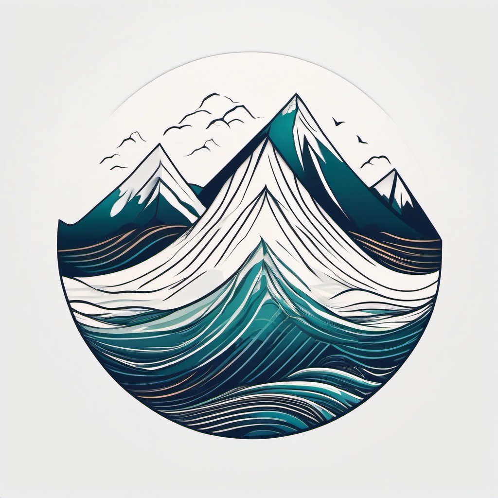 Mountain and Wave Tattoo - Symbolize the union of land and sea with a tattoo featuring mountains and waves.  simple vector color tattoo,minimal,white background