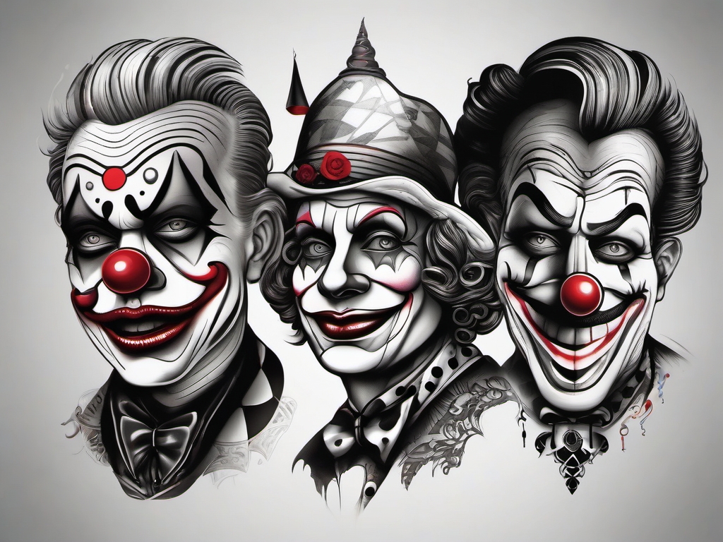 Clown tattoo: A carnival of emotions, colorful and expressive.  black and white tattoo style