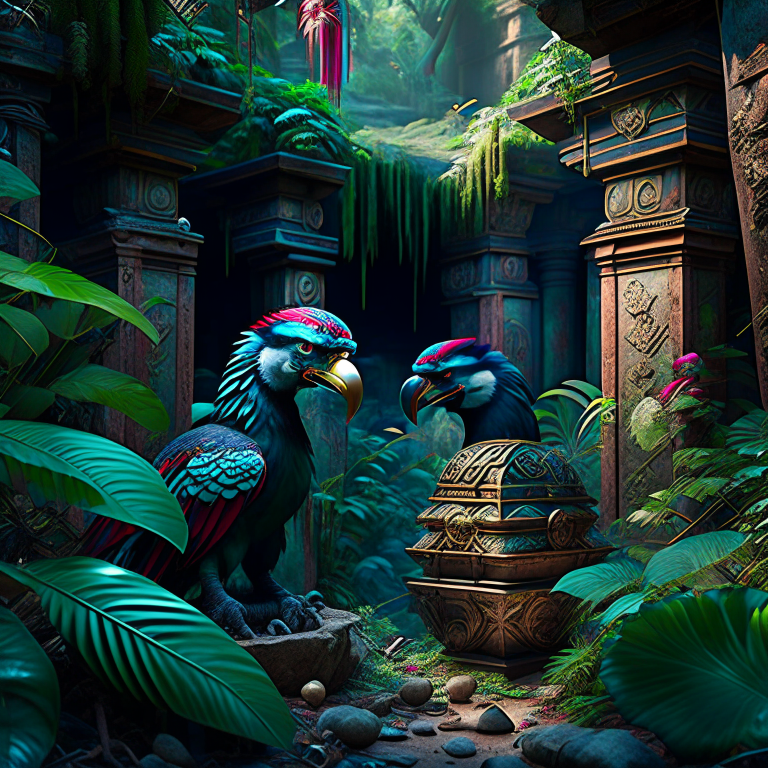 cockatrices menacingly guarding a hidden treasure hoard in a sunken, overgrown temple. 