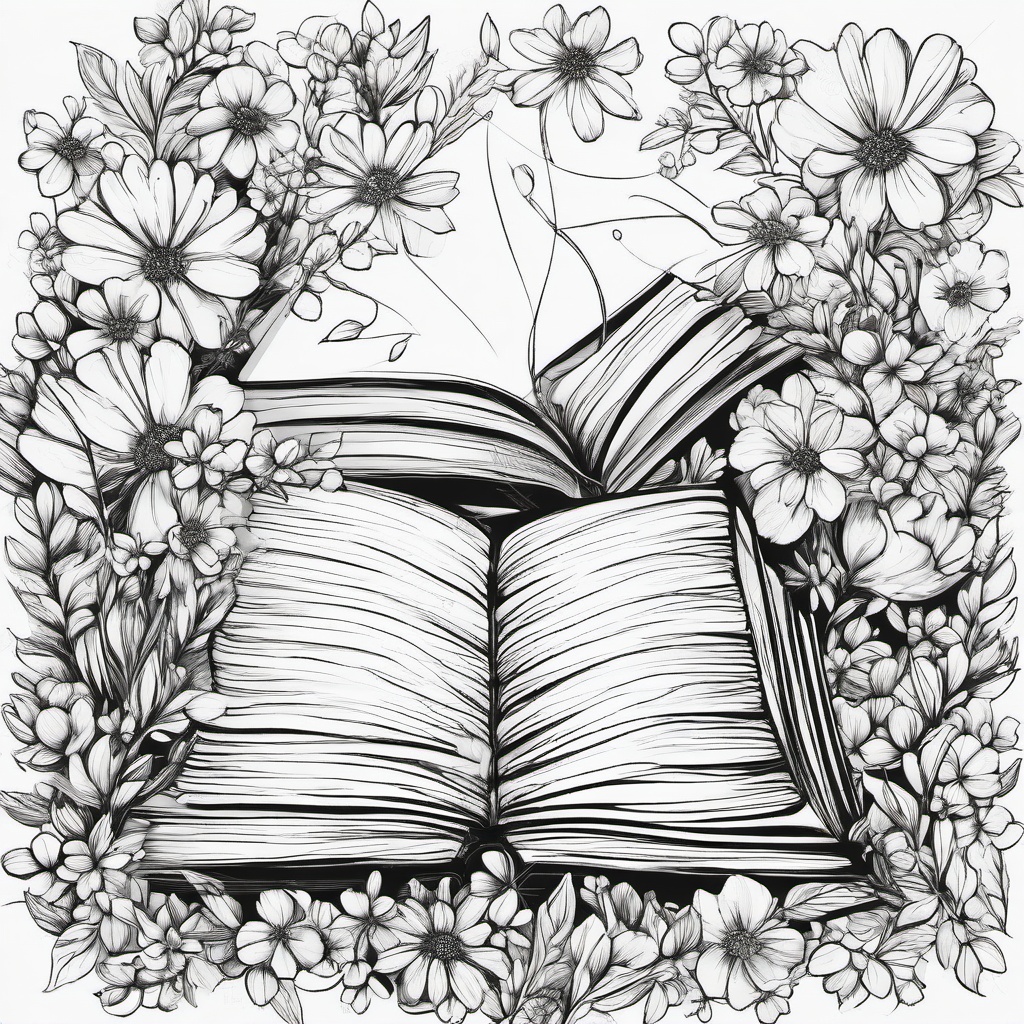 Book clipart - surrounded by flowers  minimal rough sketch scribbles,doodles,black and white