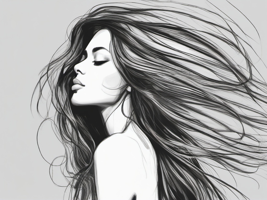 drawing of a woman with long flowing hair  minimal rough sketch scribbles,doodles,black and white