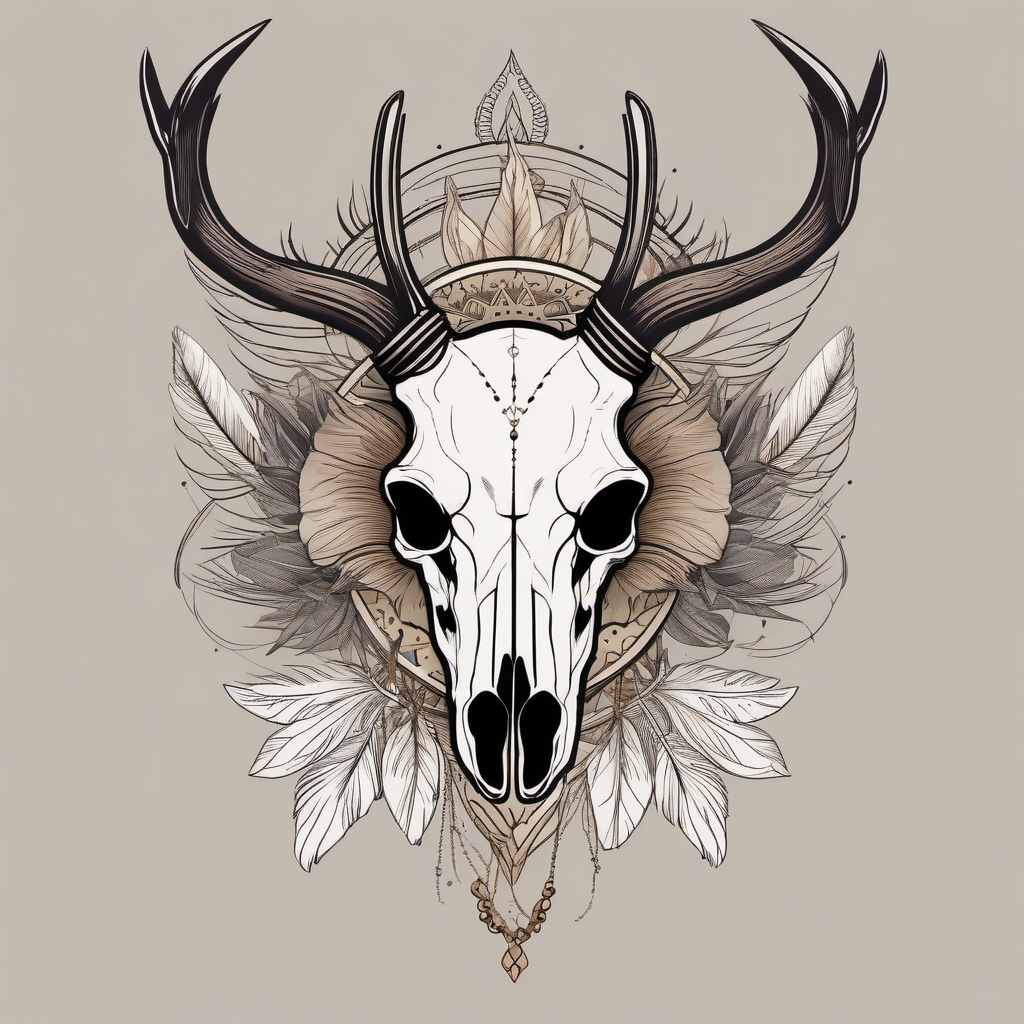 Minimalist deer skull adorned with delicate feathers, symbolic tranquility.  simple color tattoo style