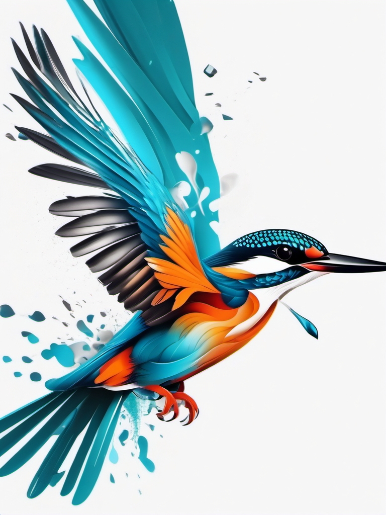 Kingfisher tattoo breaking free in surreal, abstract motion.  color tattoo style, minimalist design, white background