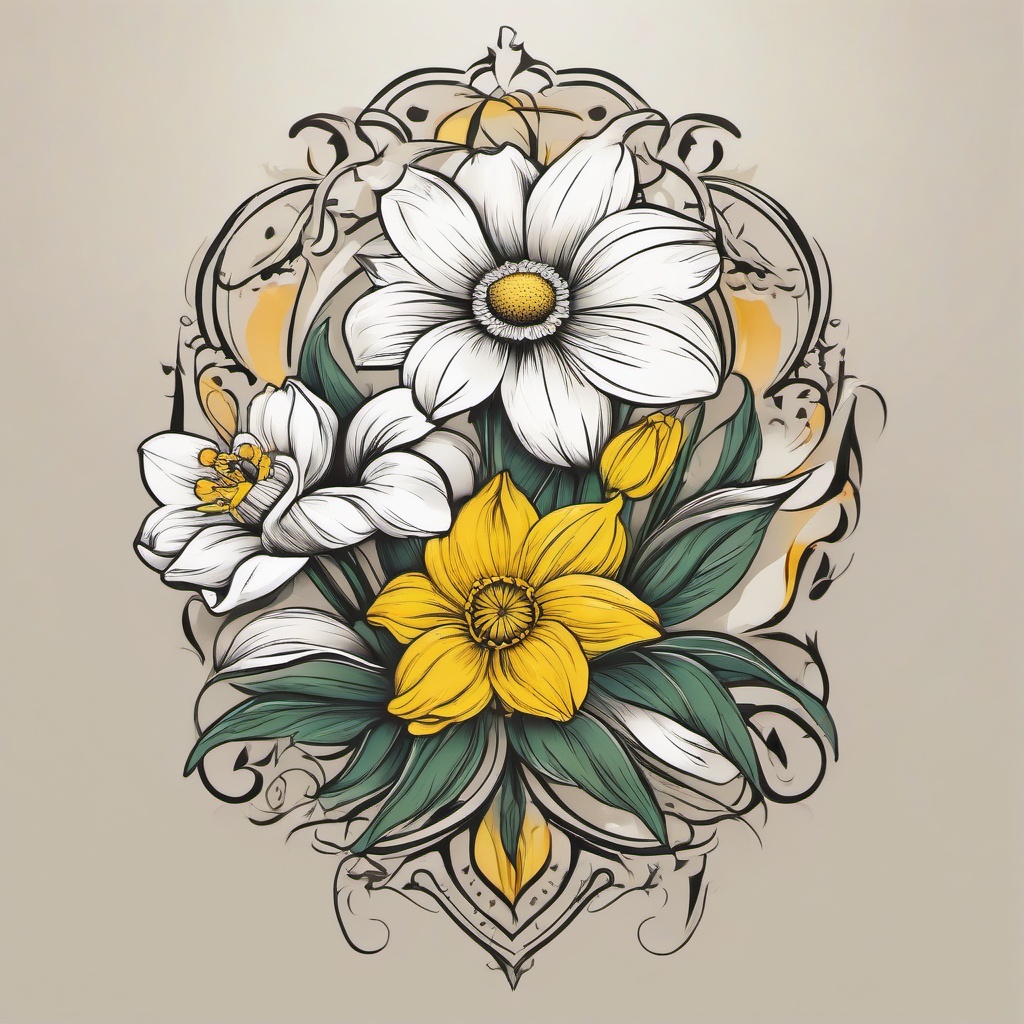 Daisy and Daffodil Tattoo-Symbolization of innocence and new beginnings with a tattoo featuring daisies and daffodils, capturing the essence of freshness.  simple vector color tattoo