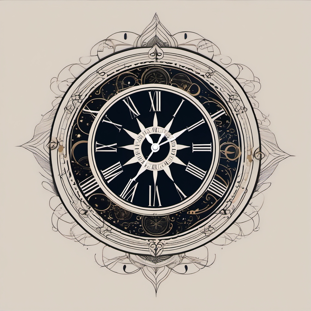 Moon phase clock design: Celestial cycles marking the passage of time.  simple color tattoo style