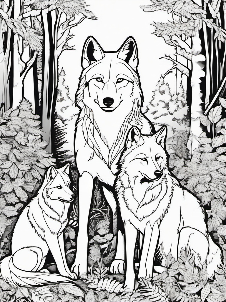 Wolf Coloring Pages - Wolf family gathered together in a den  simple coloring pages