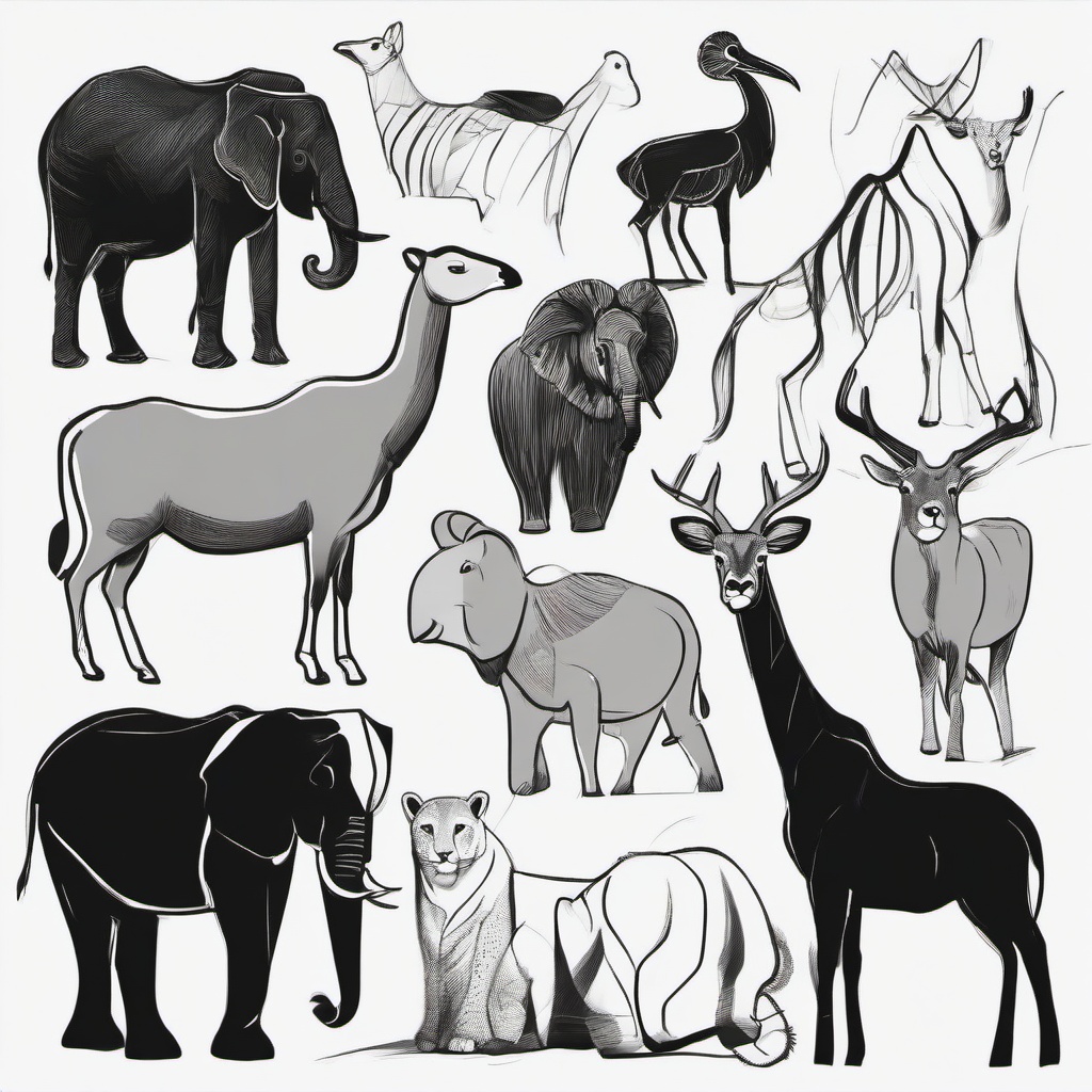 drawing of animals at a zoo  minimal rough sketch scribbles,doodles,black and white