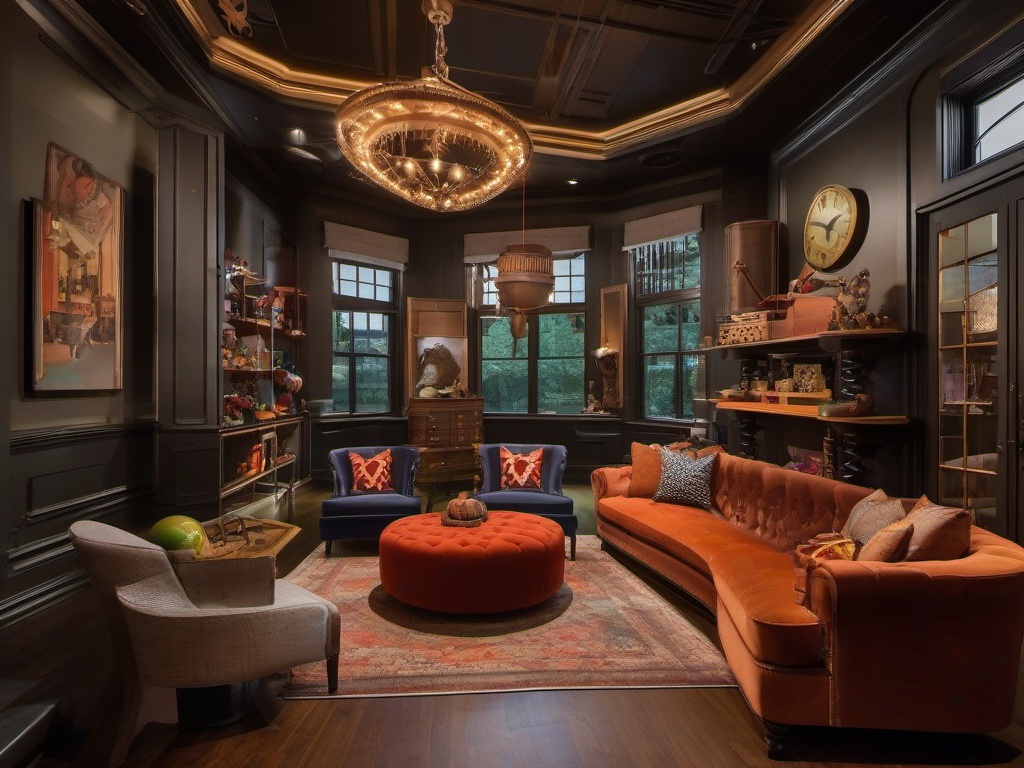 The playroom embodies steampunk interior design with eclectic furnishings, vintage toys, and a whimsical atmosphere, providing a stylish space for children's activities.  