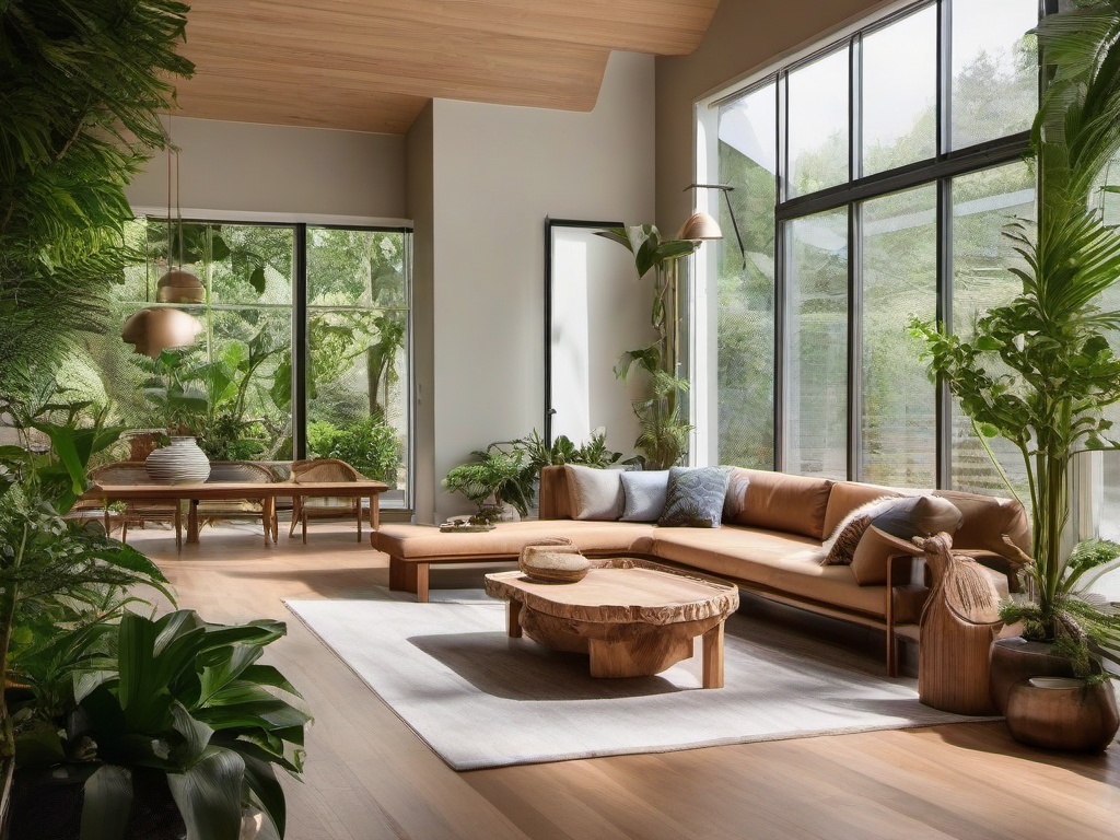 Biophilic interior design in the garden room features natural wood furniture, indoor plants, and plenty of natural light, blending indoor comfort with outdoor beauty.  