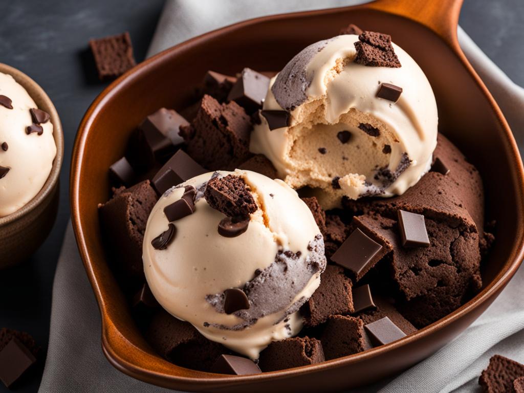 a scoop of velvety cookies and cream ice cream, loaded with chunks of chocolate cookies. 