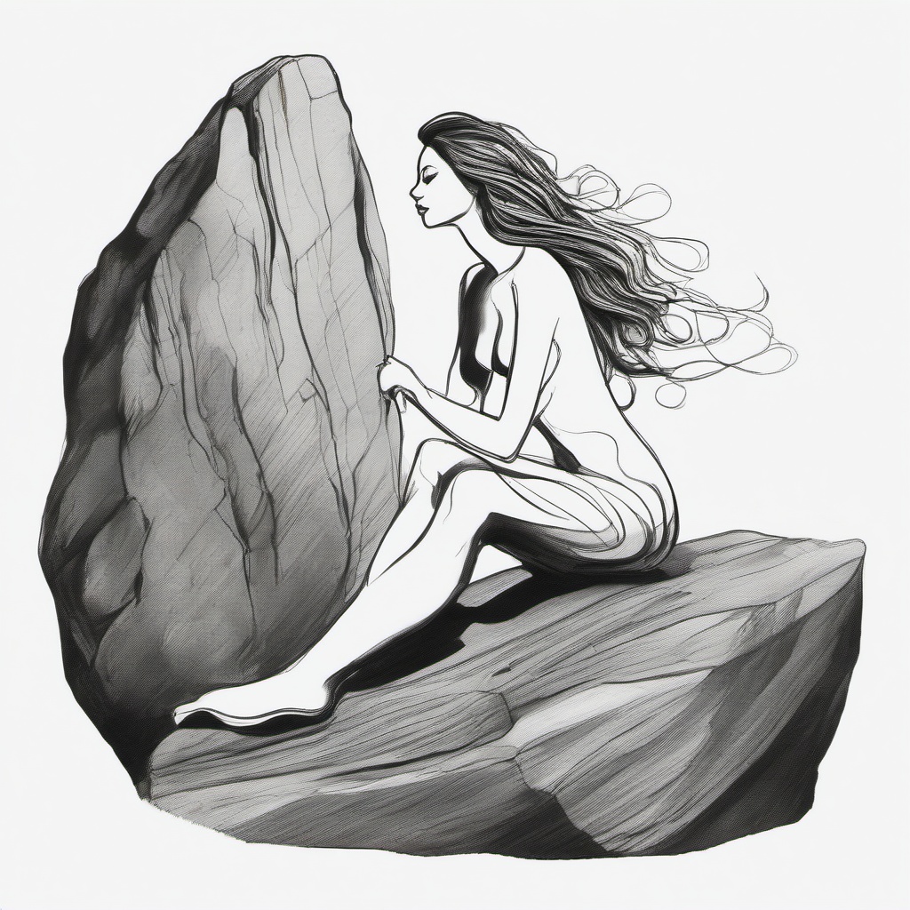 drawing of a mermaid on a rock  minimal rough sketch scribbles,doodles,black and white