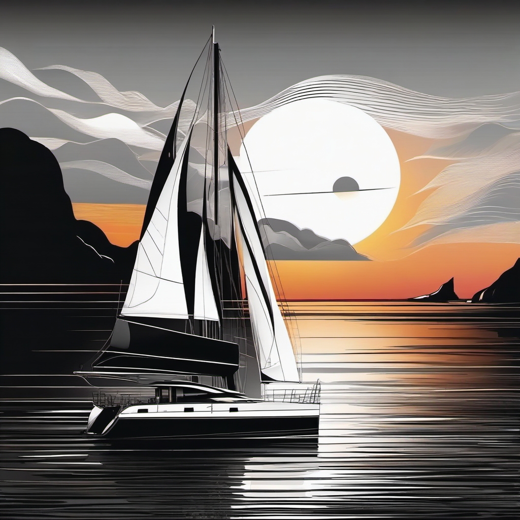 Yacht sailing into the sunset ink. Luxury on the water.  minimalist black white tattoo style