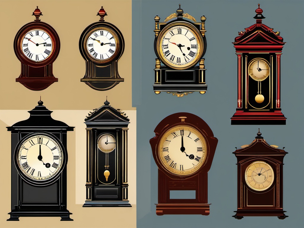 Clock Clipart - Old-fashioned clock with Roman numerals and pendulum.  color clipart, minimalist, vector art, 