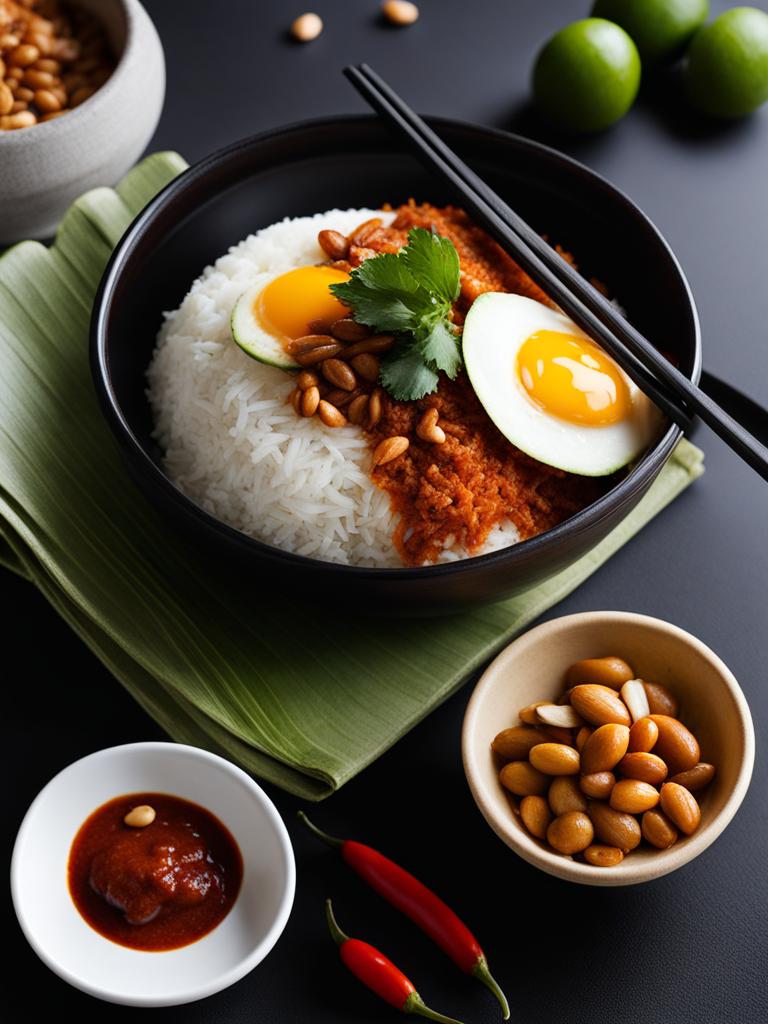 malaysian nasi lemak - fragrant coconut rice served with sambal, peanuts, anchovies, and egg. 