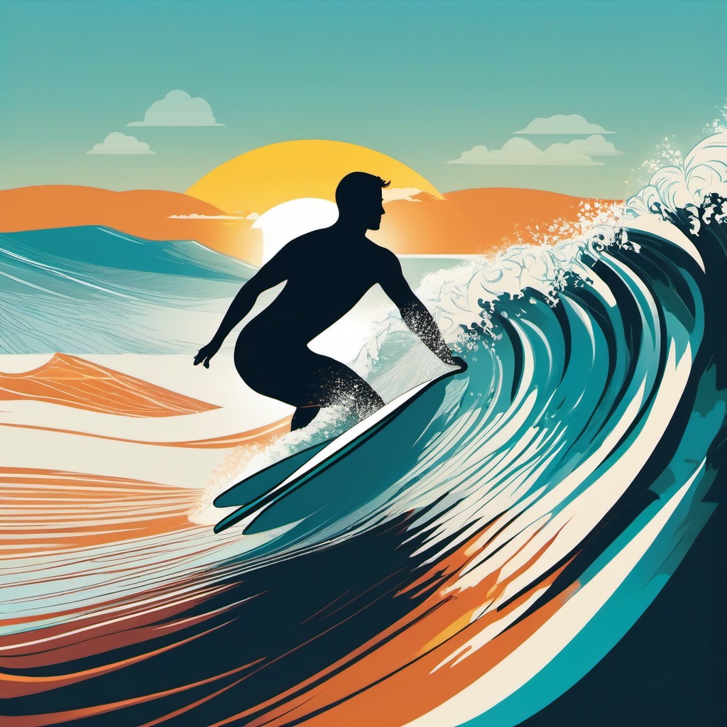 Surfer Catching an Ocean Wave Clipart - A surfer catching an ocean wave.  color vector clipart, minimal style