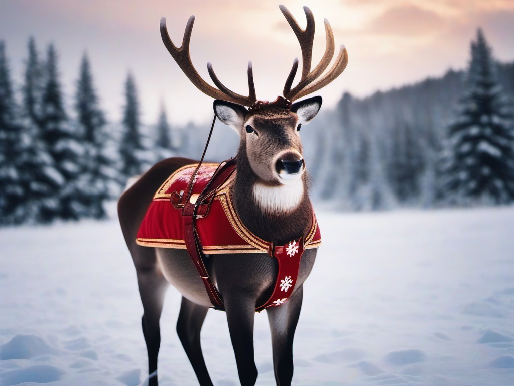 Christmas wallpaper - Reindeer with red and gold harness standing in a snowy field  aesthetic background wallpaper