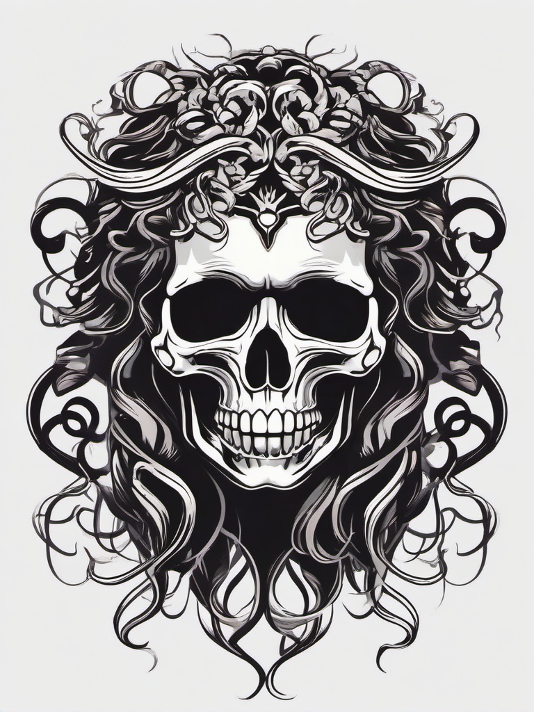 Medusa and Skull Tattoo - Embrace the edgy and dark side with a Medusa and skull tattoo, combining mythical elements with classic symbolism.  simple vector color tattoo,minimal,white background