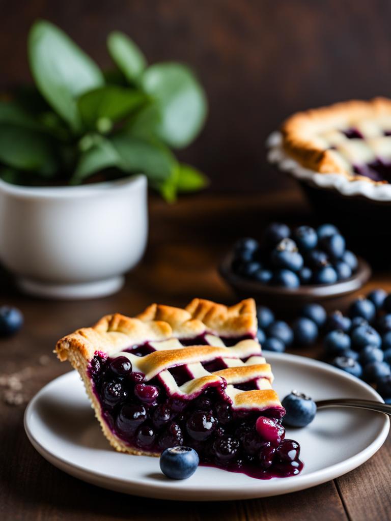 a slice of classic blueberry pie, with a lattice pastry crust and sweet, juicy blueberries. 