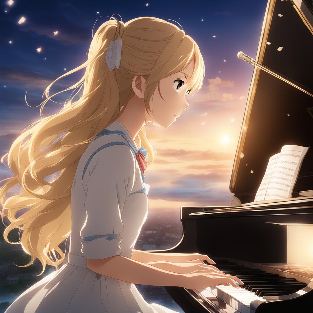 shigatsu wa kimi no uso - evokes emotions with a heartfelt piano performance on a grand stage. 