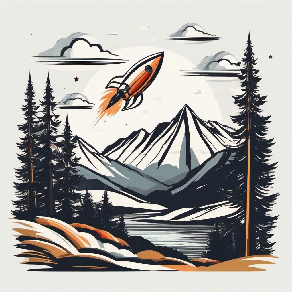 Rocket flying above the mountains clipart.  vector style illustration, white background