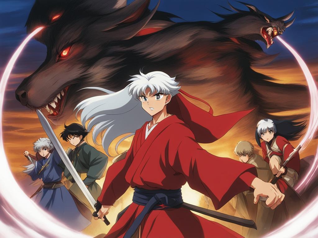 inuyasha,inuyasha the half-demon,defending against a horde of demons,a feudal era village anime, anime key visual, japanese manga, pixiv, zerochan, anime art, fantia