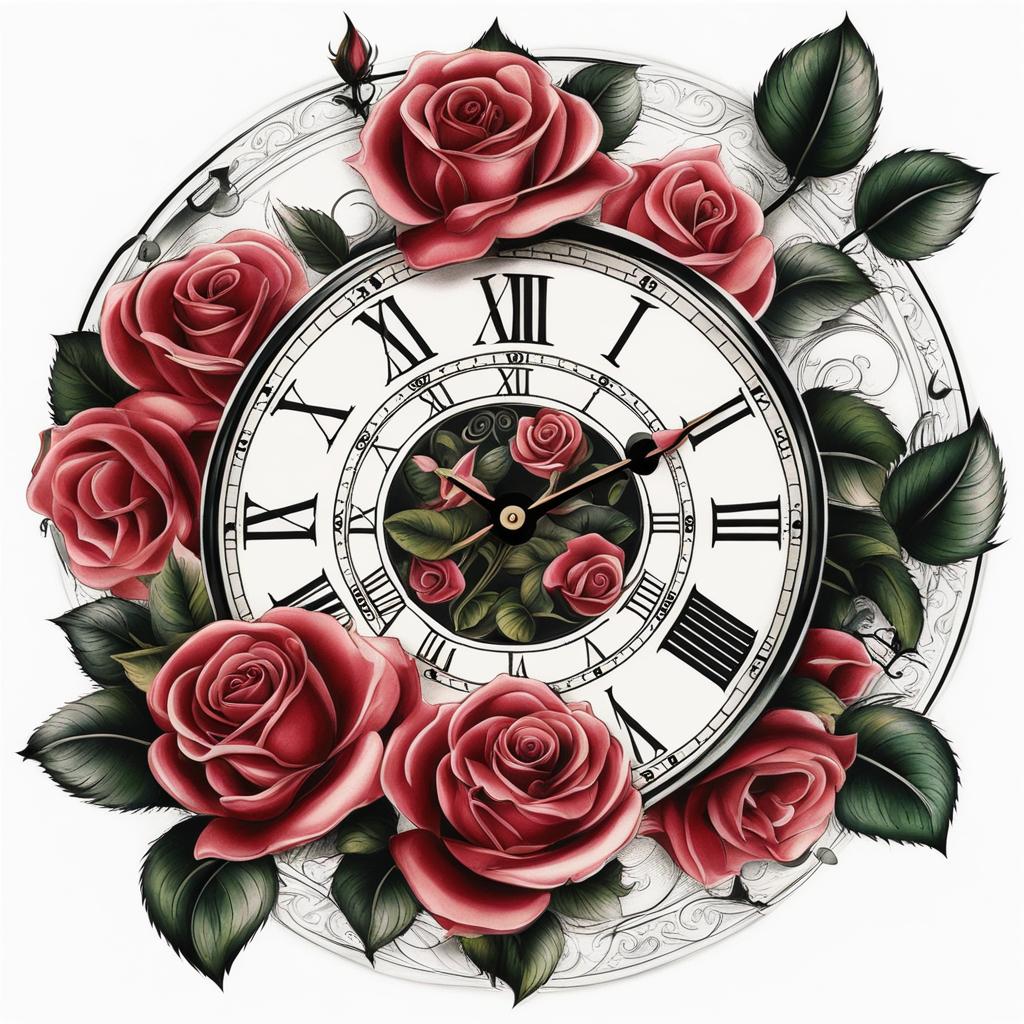 Rose clock tattoo, Creative tattoos featuring both roses and clocks.  color, tattoo patterns, white clean background