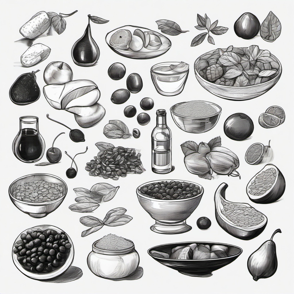 drawing of food ingredients  minimal rough sketch scribbles,doodles,black and white