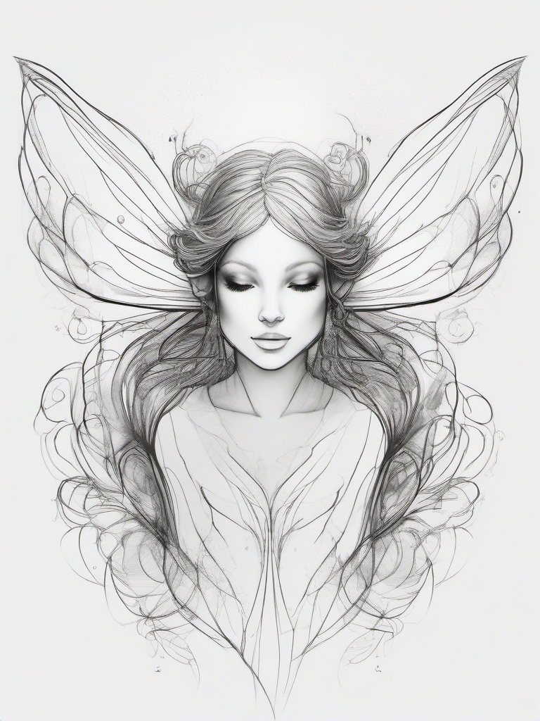 drawing of a fairy with a glowing aura  minimal rough sketch scribbles,doodles,black and white