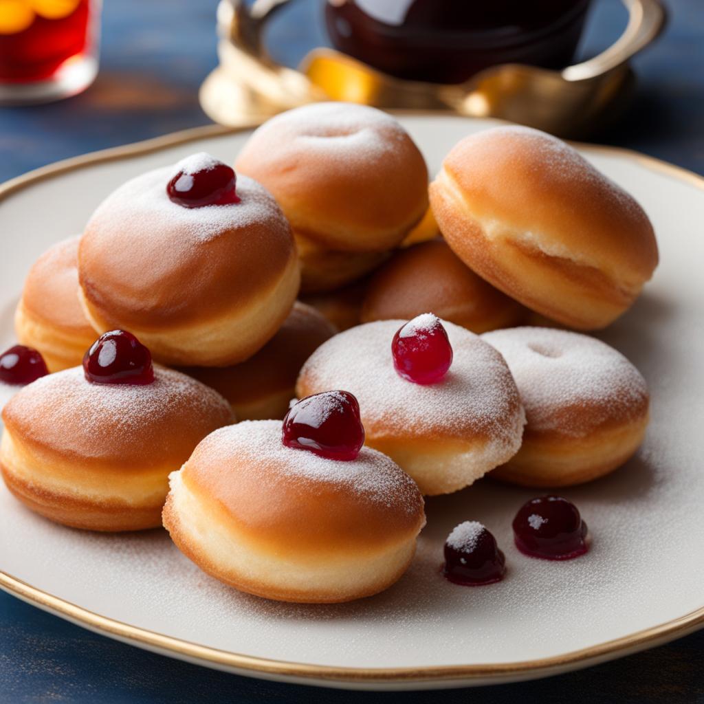 sufganiyot, israeli jelly-filled doughnuts, devoured at a joyful hanukkah celebration. 