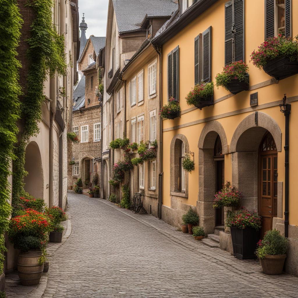 explore the charming cobblestone streets of an old european town, lined with historic facades. 