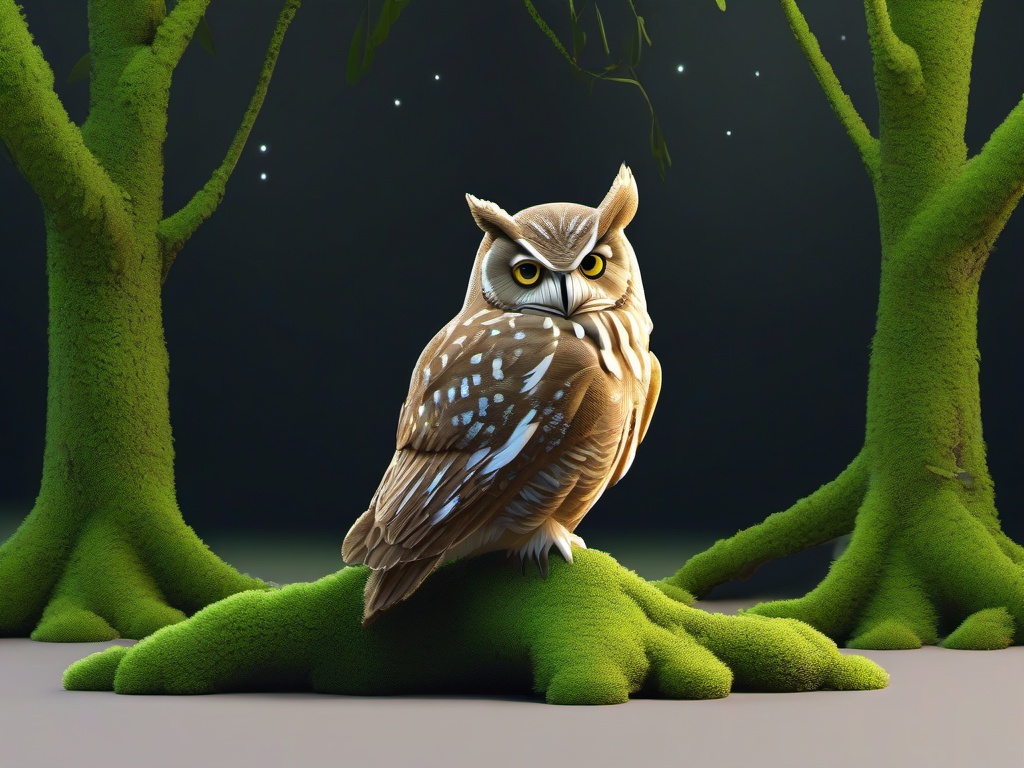 Owl Clipart - Owl perched on a mossy tree stump, representing wisdom , minimal, 2d