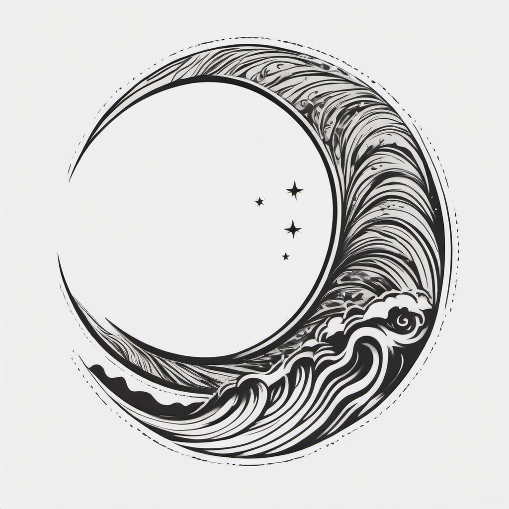 Crescent Moon Wave Tattoo - Embrace celestial beauty with a crescent moon and wave-themed tattoo.  simple vector color tattoo,minimal,white background