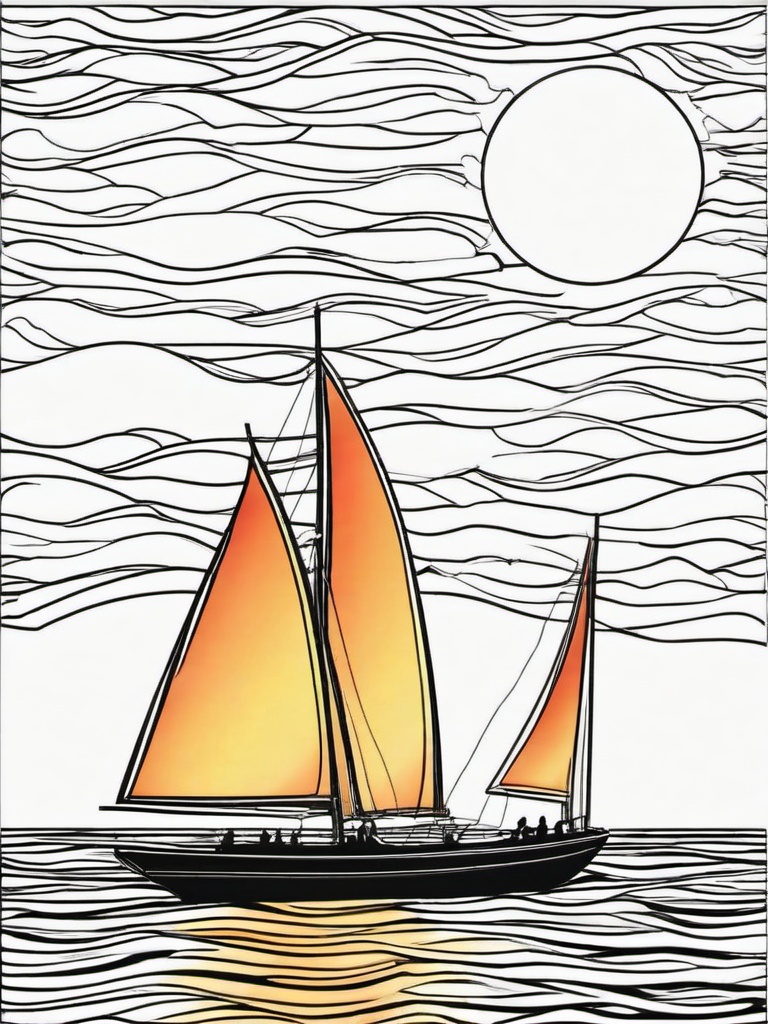 Sunset over the ocean with sailboats  simple coloring pages