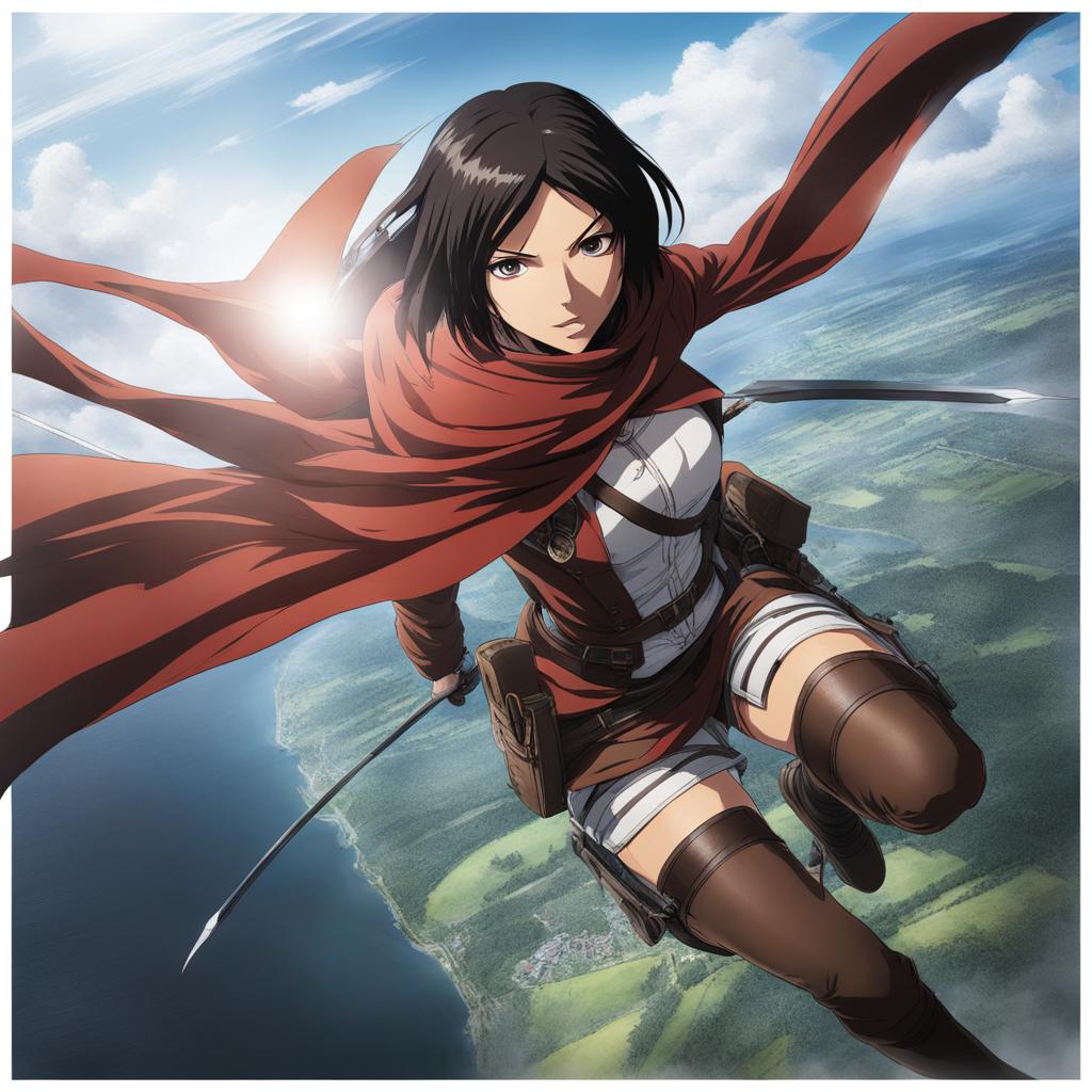 mikasa ackerman soars through the sky, engaging in aerial combat with a titan shifter. 