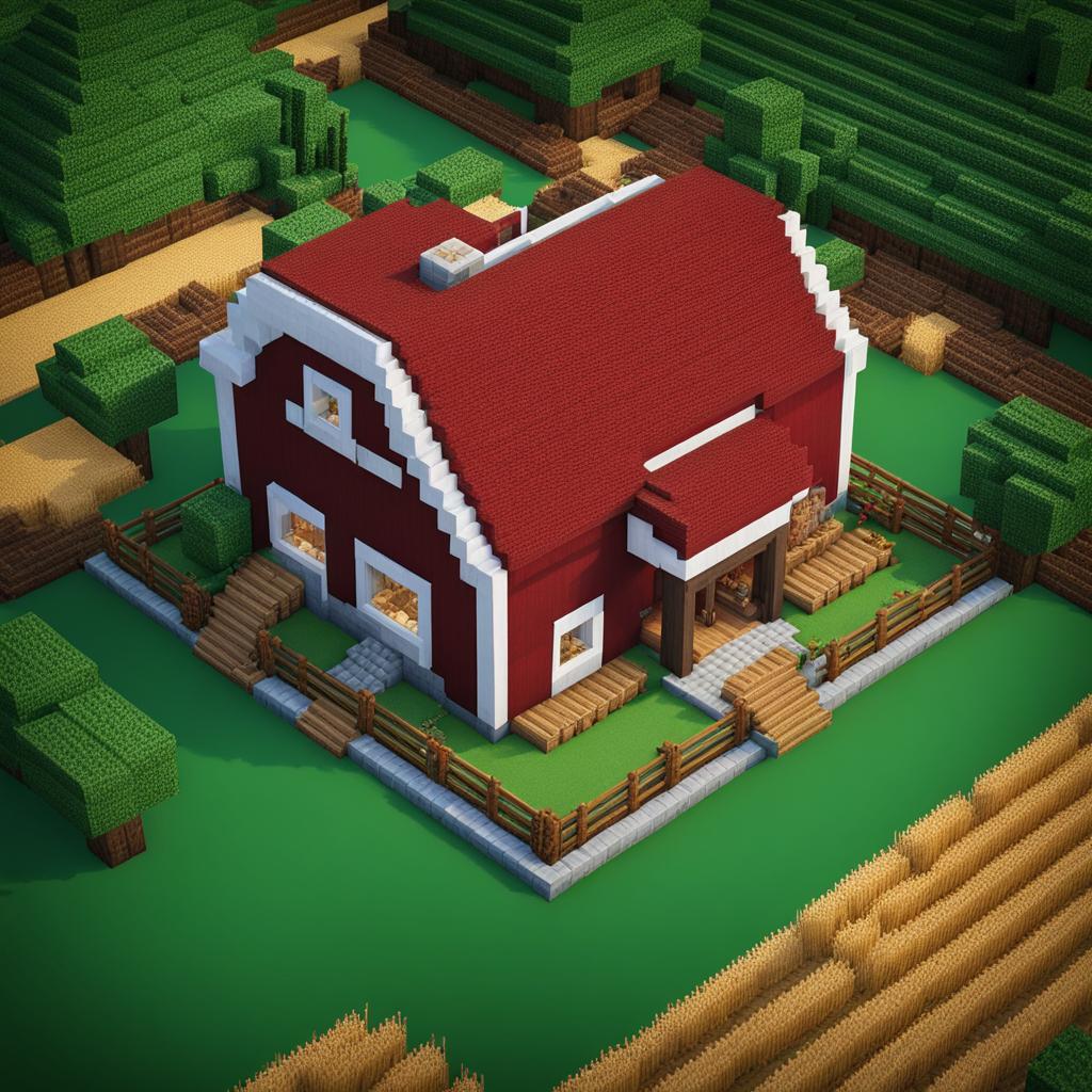 farmhouse with a spacious red barn and wheat fields - minecraft house design ideas minecraft block style