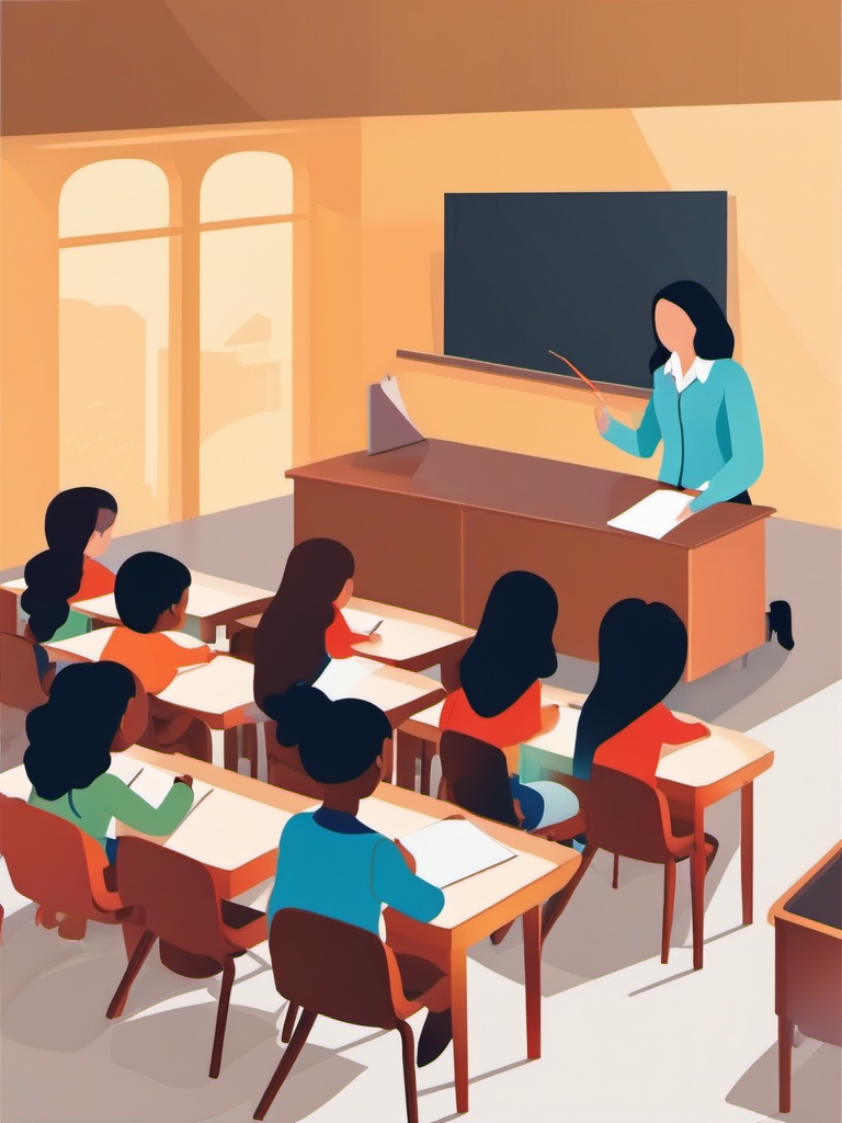 Illustration depicting a teacher actively teaching in a classroom setting.  color vector art,clipart,minimal